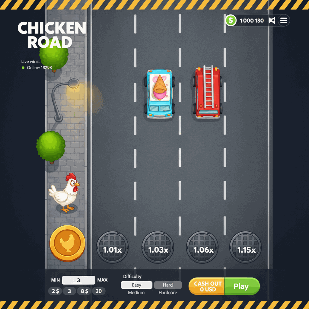 Chicken Road gioco crash di InOut con gallina cartoon bianca che attraversa una strada a più corsie con moltiplicatori crescenti, veduta dall'alto con lampione e alberi sul marciapiede di partenza